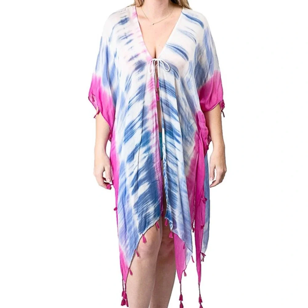 Boho Tie Dye Lightweight Tassel Cover Up Kimono Wrap Blue Pink